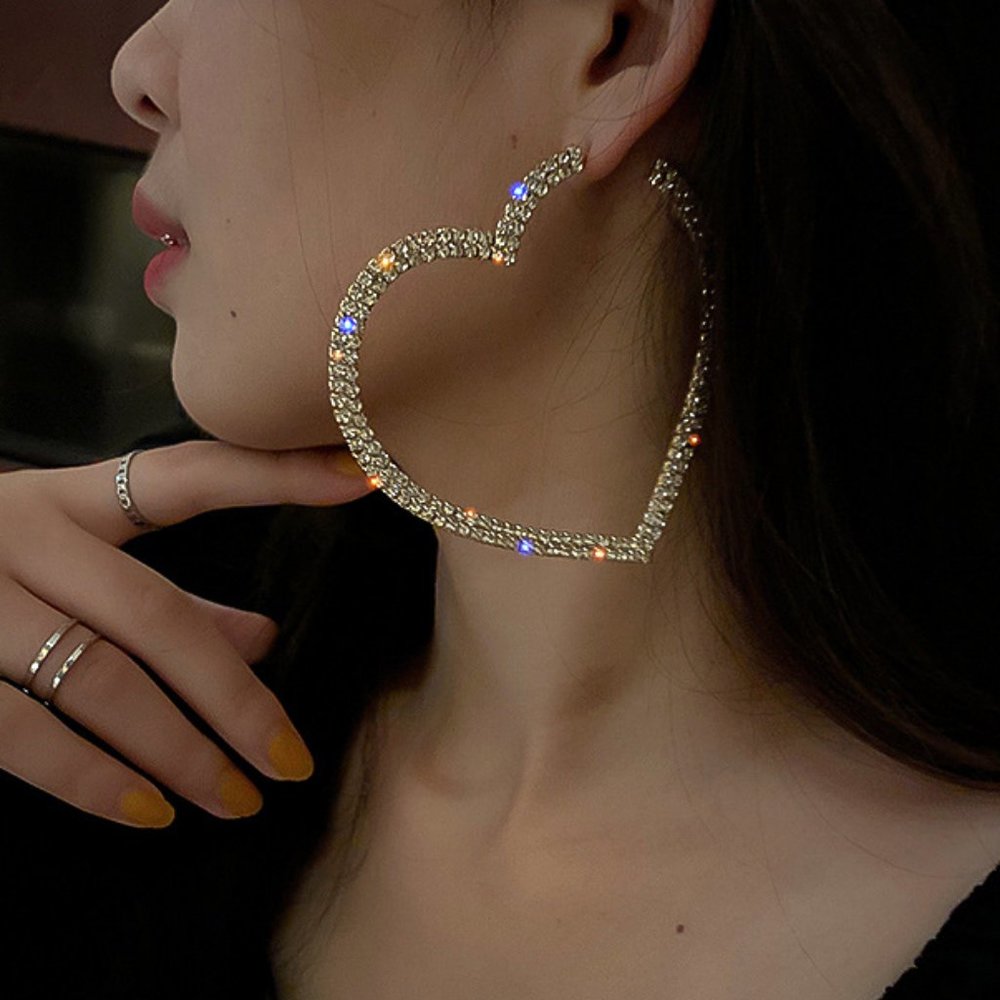 NEW Gold Round Diamond Heart Large Hoop Earrings